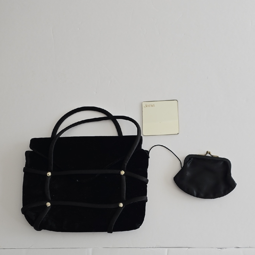 Vintage 3 Pc Jana Black Velvet Rhinestones Evening Bag Coin Wallet Mirror
